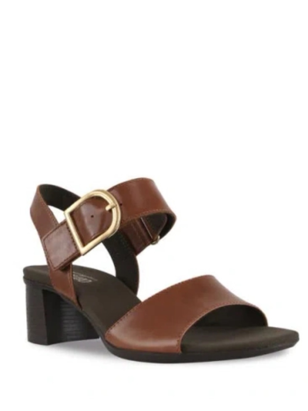 Munro Cognac Leather Block Heel Sandal with Gold Buckle